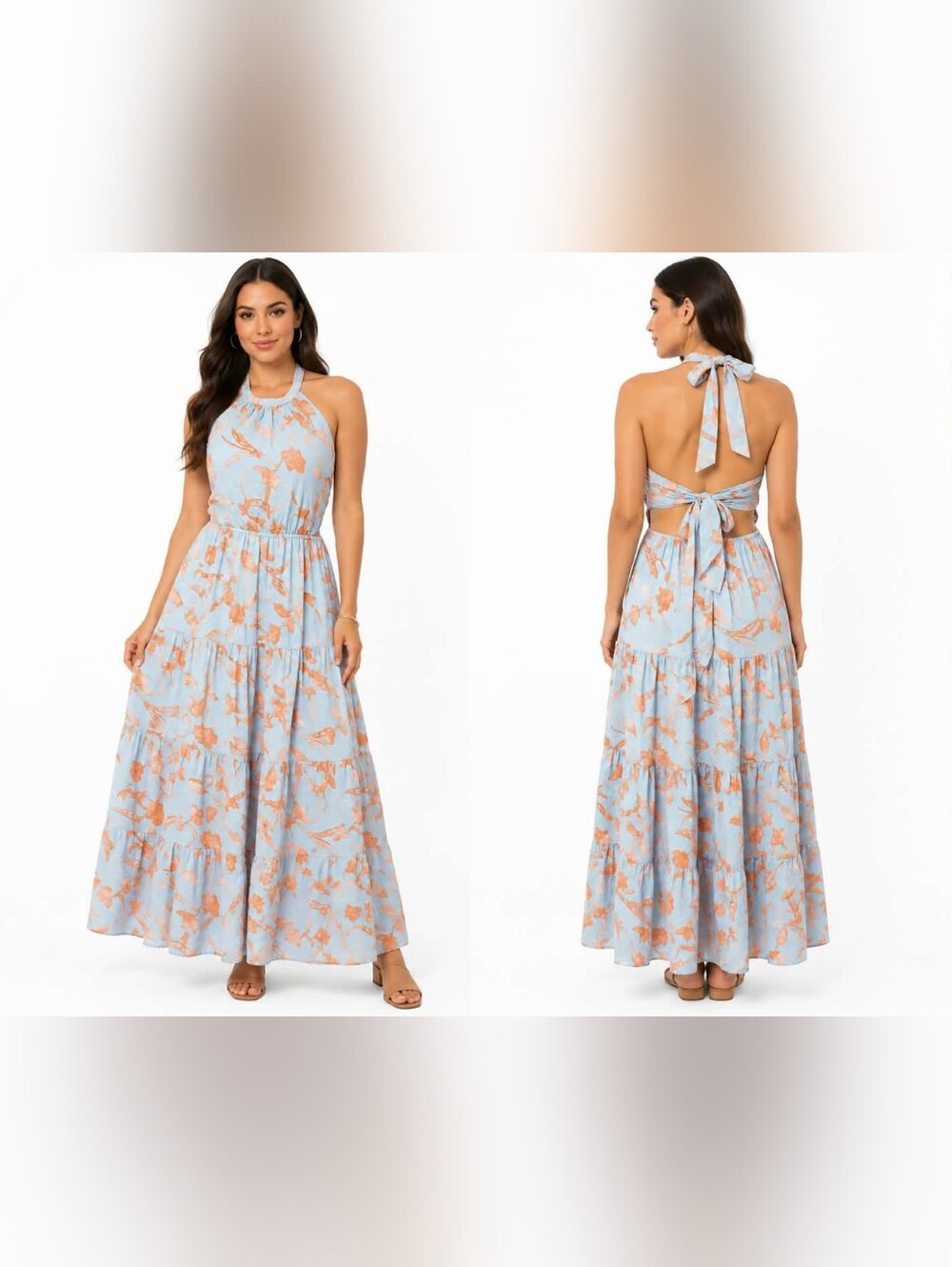 Baltic Born Blue and Peach Floral Halter Back-Tie Maxi Dress